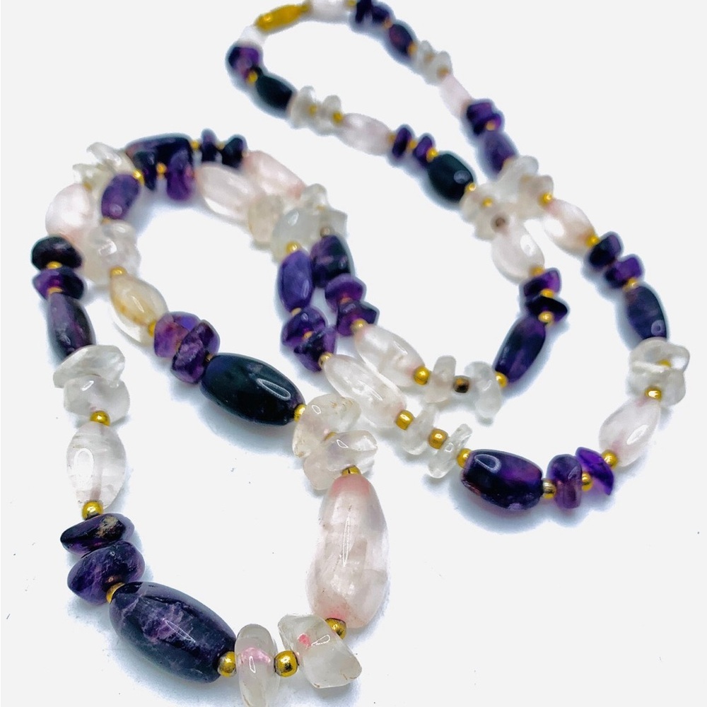 Amethyst & White Jade Stone Beaded Vintage Long Heirloom 30" Necklace
